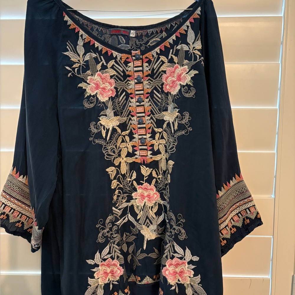 Johnny Was Navy Floral Embroidered Blouse